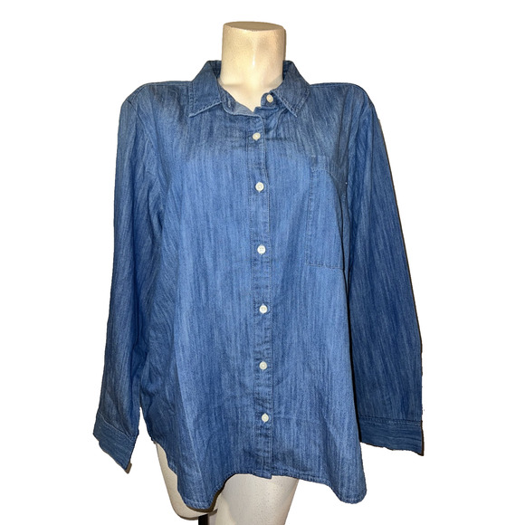 New Style & Co Top Plus Size 3X Blue Button Perfect Chambray Long Sleeve Shirt - Picture 1 of 6